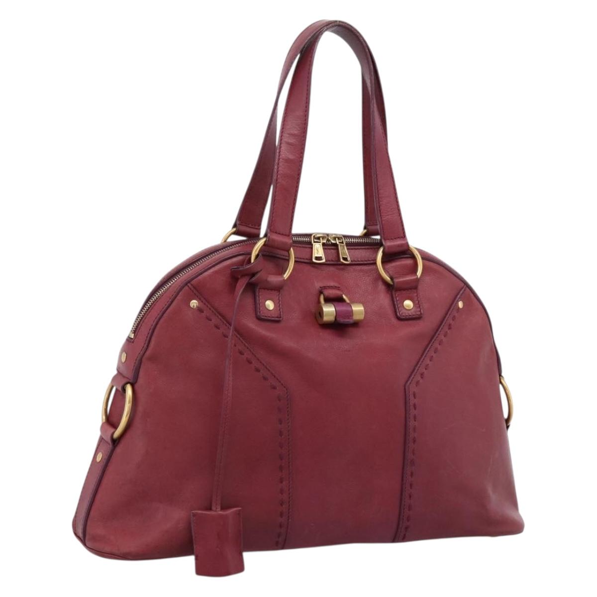 SAINT LAURENT Hand Bag Leather Bordeaux Gold Auth 202650A