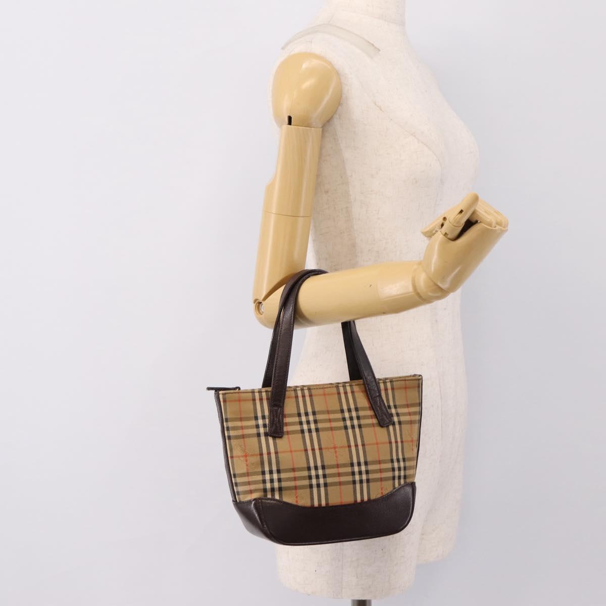 BURBERRY Nova Check Hand Bag Canvas Beige Gold Auth 202661