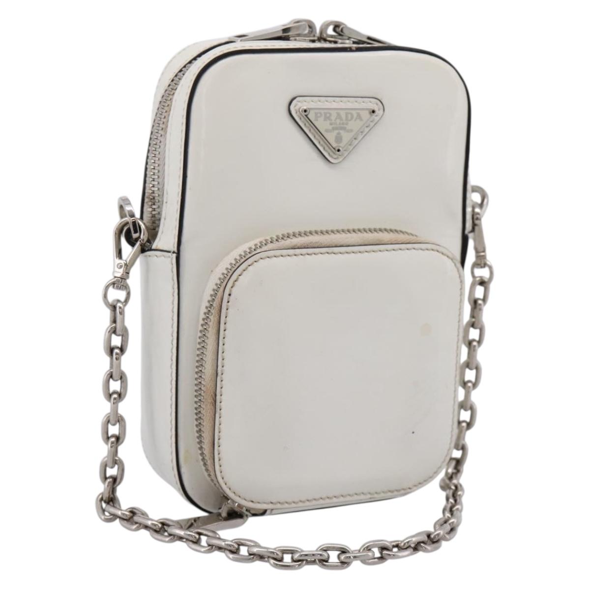 PRADA Chain Shoulder Bag Leather White Silver Auth 202662