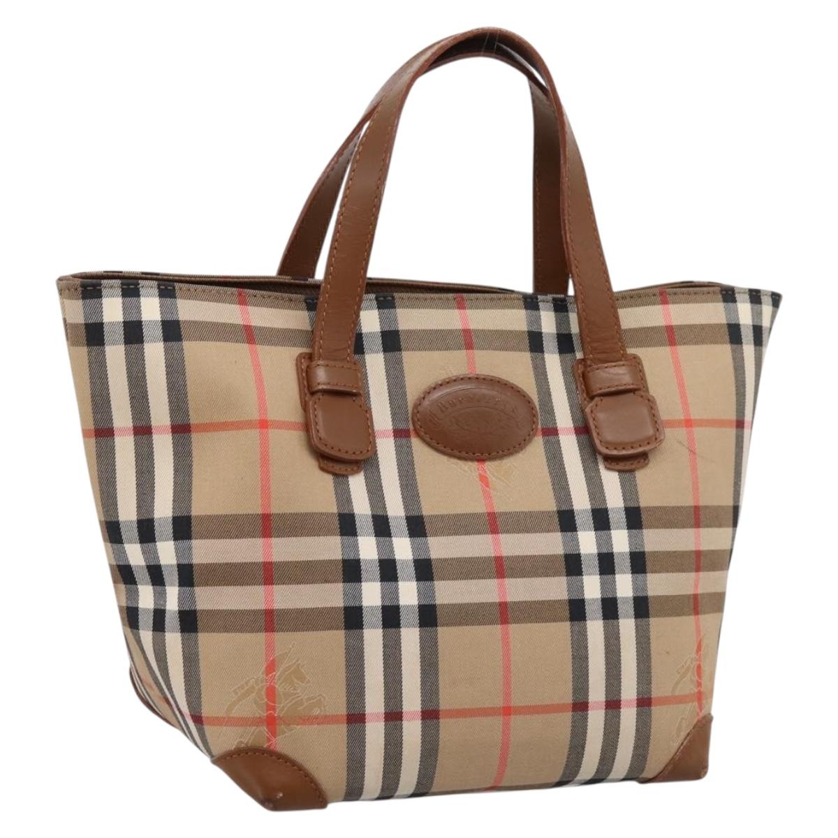 Burberrys Nova Check Hand Bag Canvas Beige Gold Auth 202669