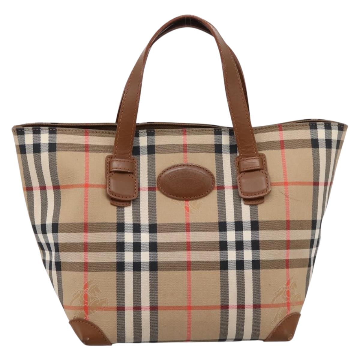 Burberrys Nova Check Hand Bag Canvas Beige Gold Auth 202669