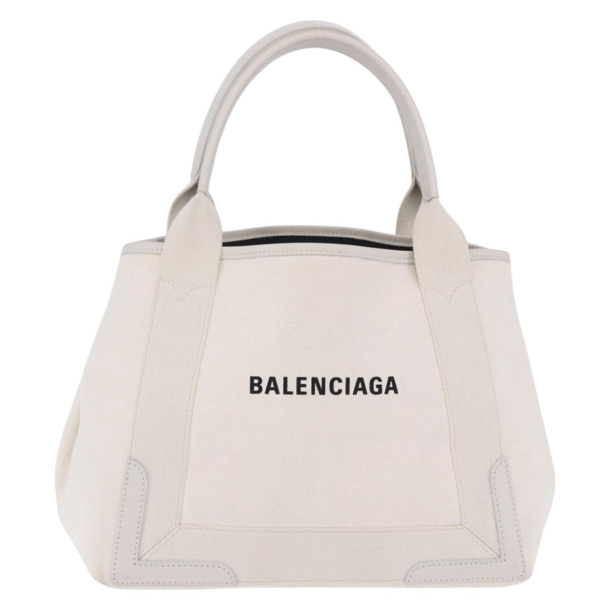BALENCIAGA Navy Cabas Hand Bag Canvas Ivory Silver 339933 Auth 202675A