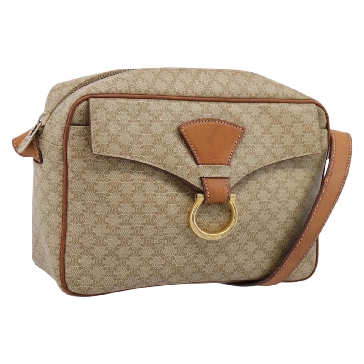 CELINE Macadam Canvas Shoulder Bag PVC Beige Gold Auth 202679