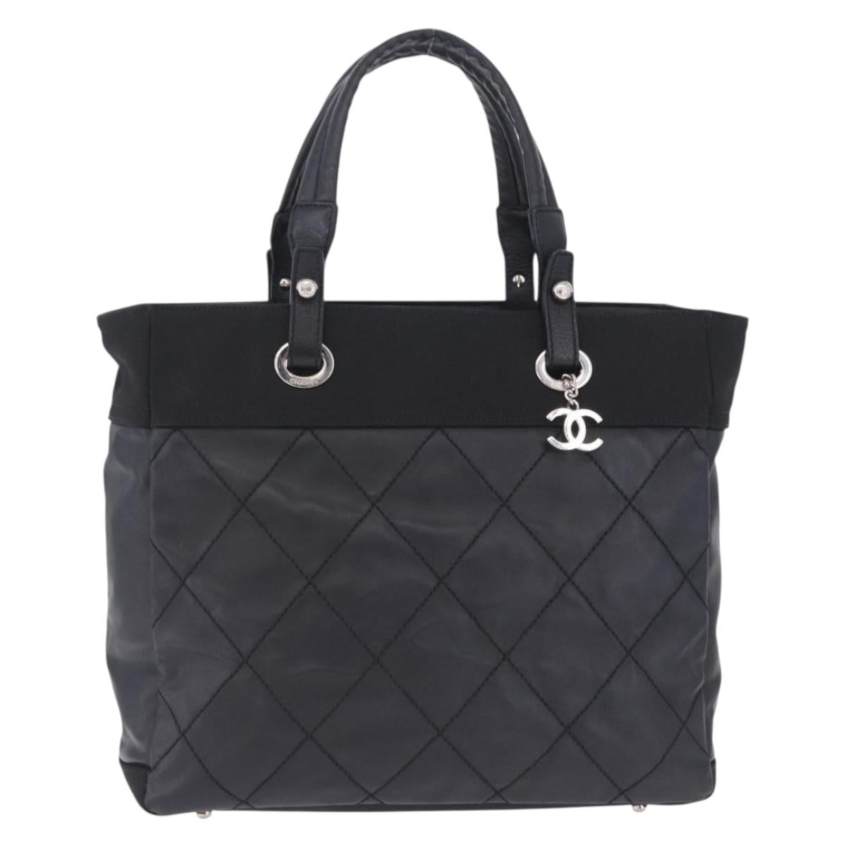 CHANEL Paris Biarritz Hand Bag PVC Canvas Black Silver CC Auth 202681V