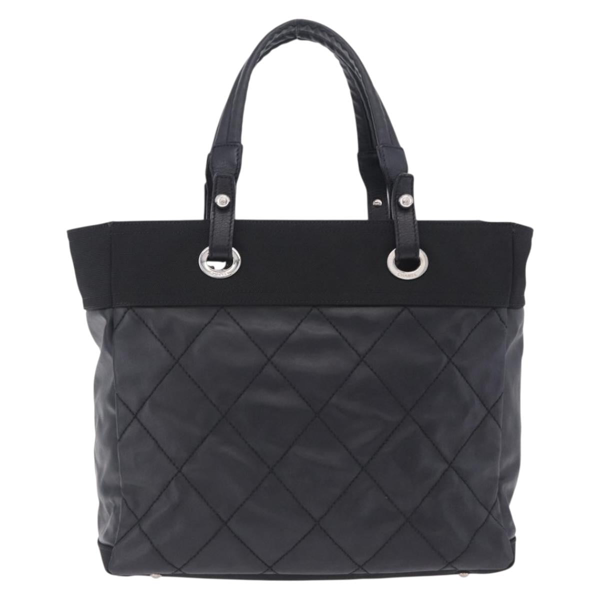 CHANEL Paris Biarritz Hand Bag PVC Canvas Black Silver CC Auth 202681V