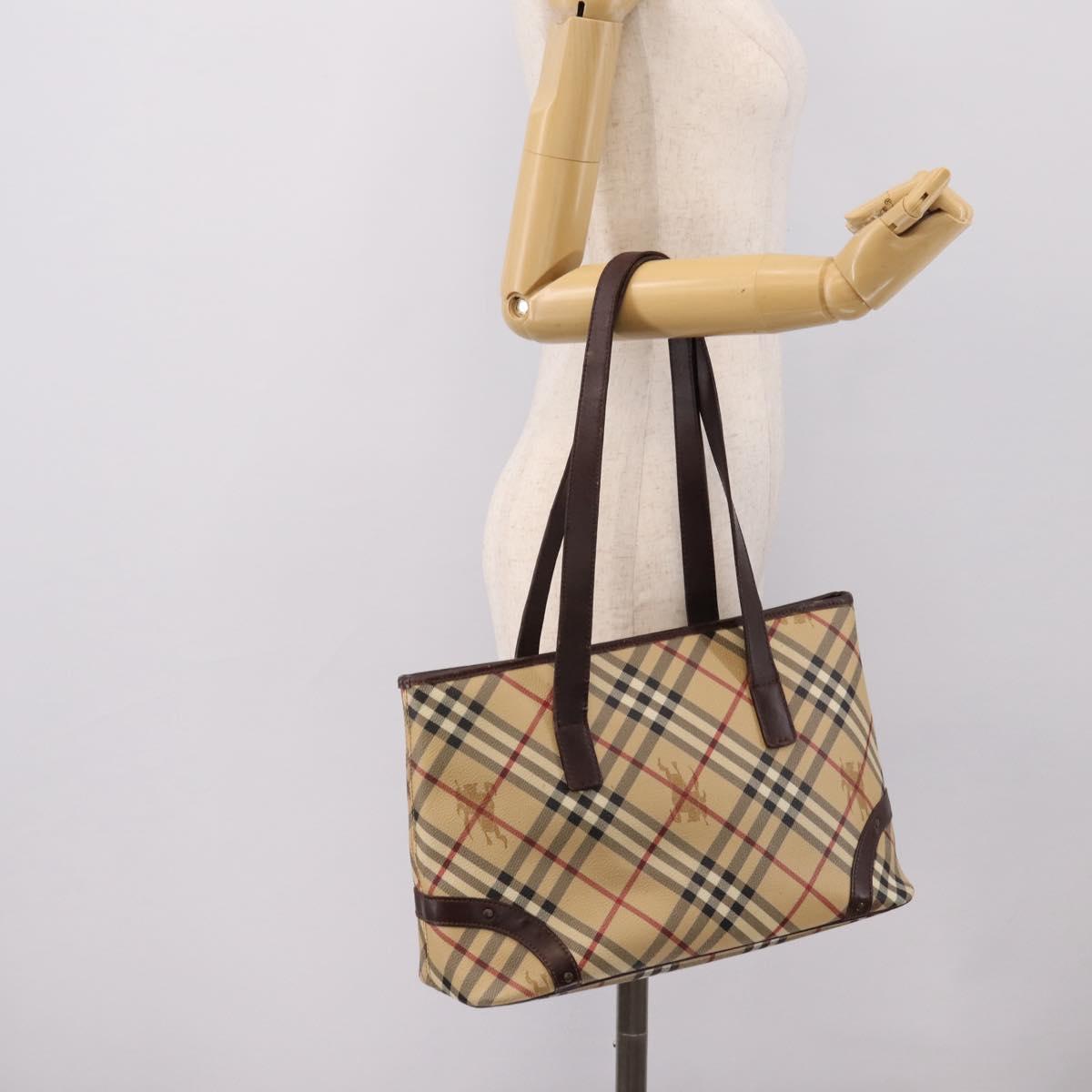 BURBERRY Nova Check Tote Bag PVC Beige Gold Auth 202693