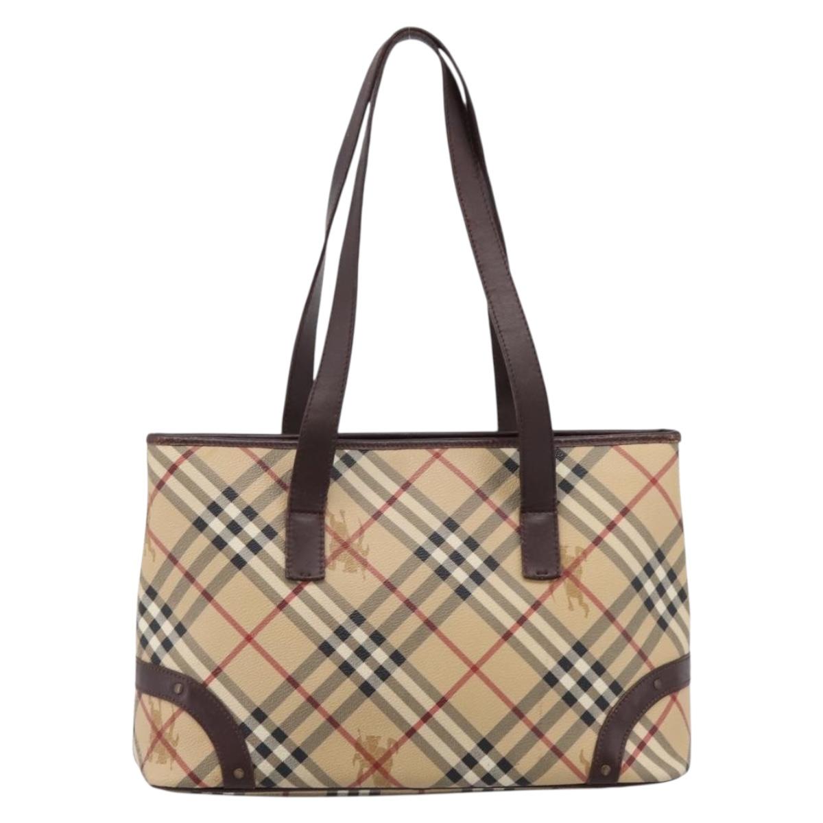 BURBERRY Nova Check Tote Bag PVC Beige Gold Auth 202693