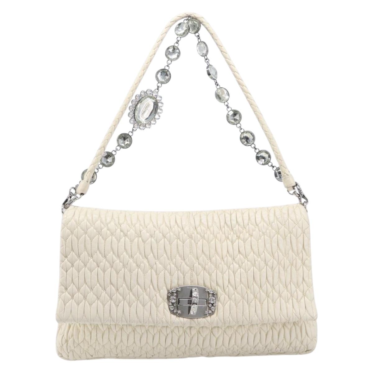 Miu Miu Matelasse Chain Shoulder Bag Leather 2way White Silver Auth 202695A