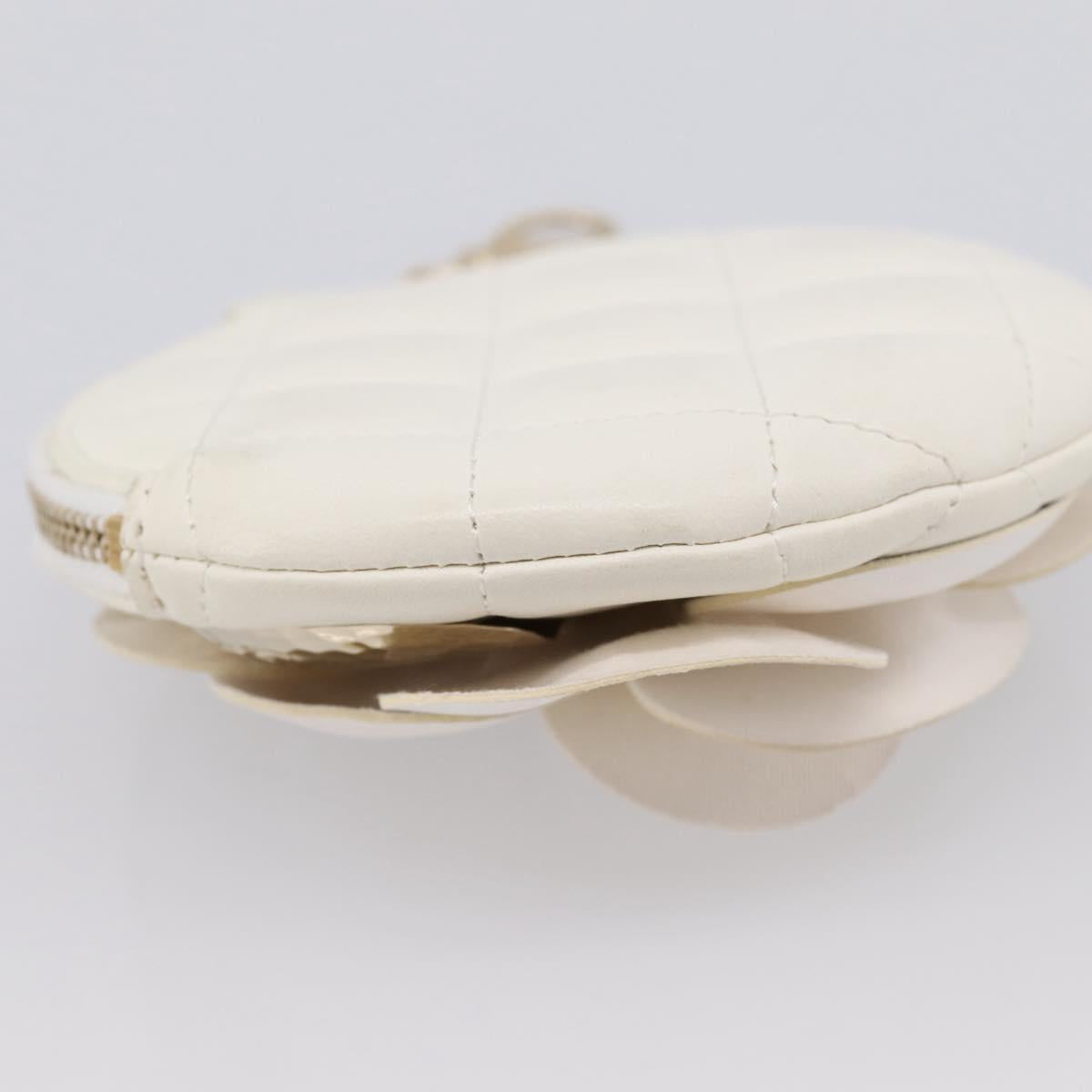 CHANEL Camelia Coin Purse Lamb Skin White Gold CC Auth 202721M