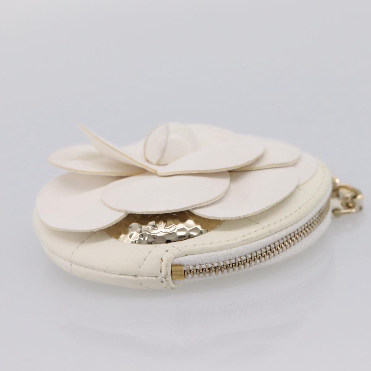 CHANEL Camelia Coin Purse Lamb Skin White Gold CC Auth 202721M