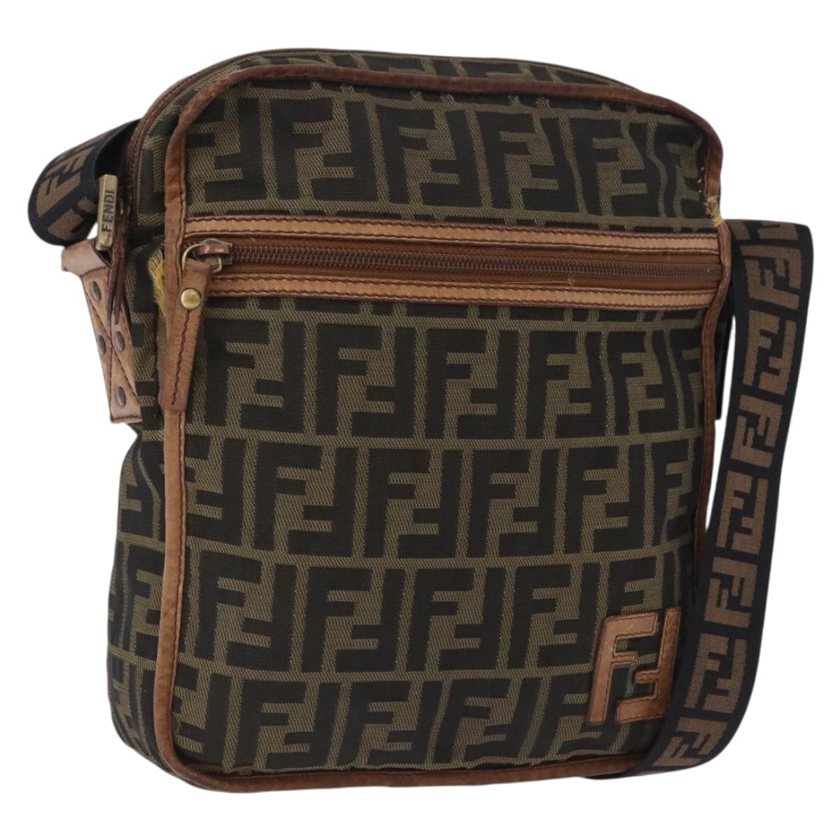 FENDI Zucca Canvas Shoulder Bag Brown Black Auth 202768