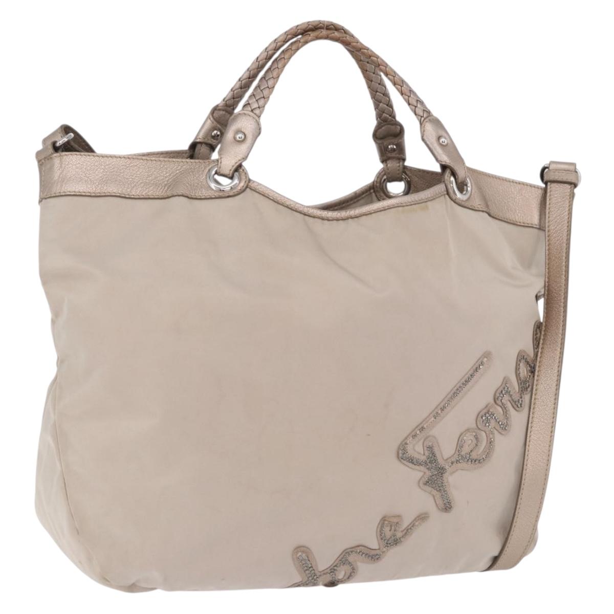 Salvatore Ferragamo Hand Bag Nylon 2way Beige Silver Auth 202769