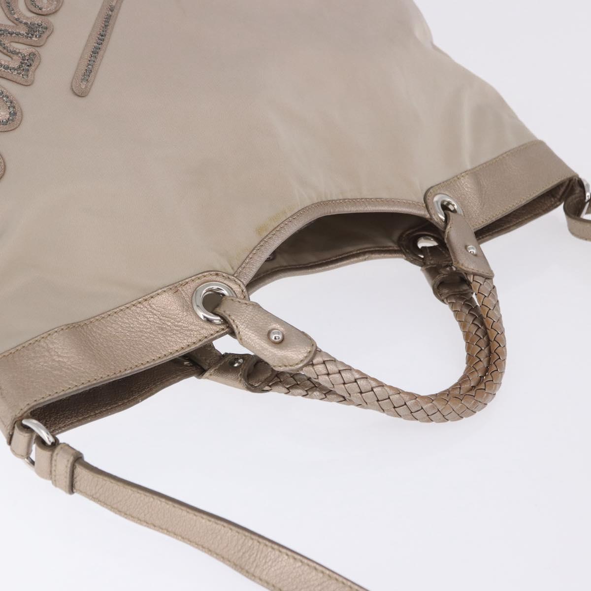 Salvatore Ferragamo Hand Bag Nylon 2way Beige Silver Auth 202769