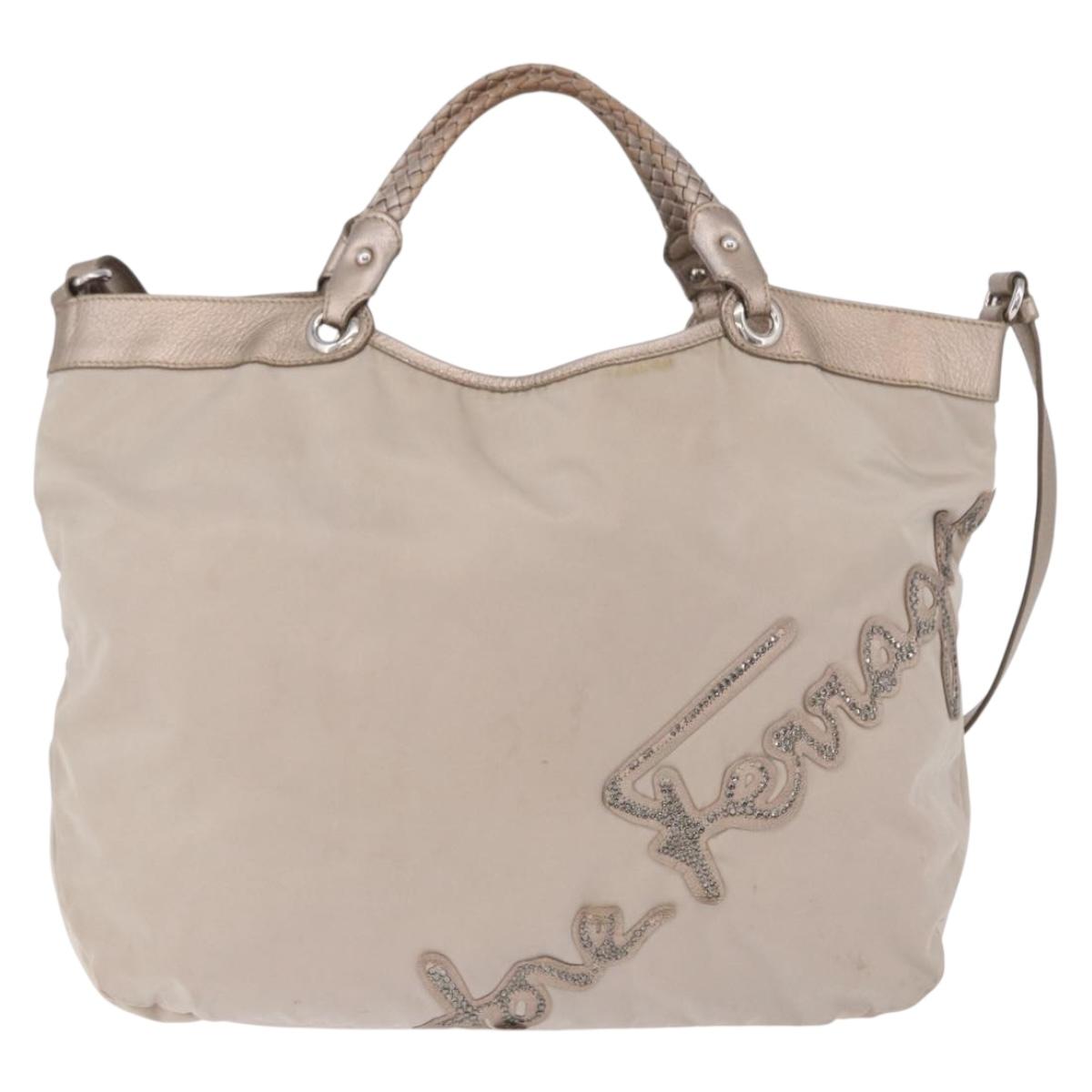 Salvatore Ferragamo Hand Bag Nylon 2way Beige Silver Auth 202769