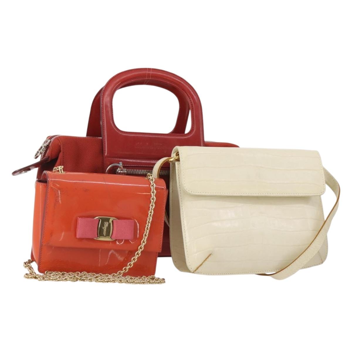 Salvatore Ferragamo Shoulder Bag Leather Canvas 3 Set Orange White Auth 202776