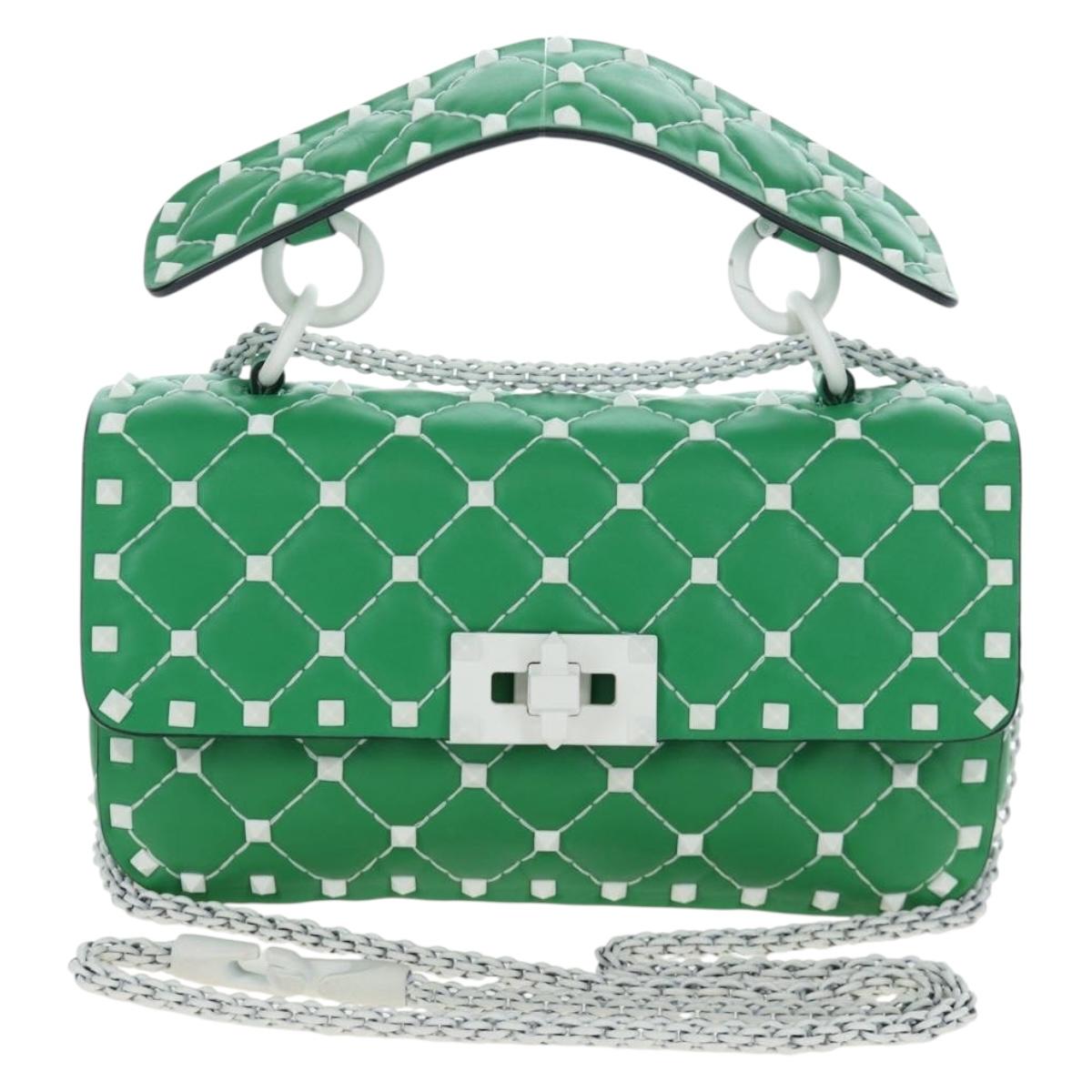 VALENTINO Rockstuds Chain Shoulder Bag Leather Green White Auth 202800V