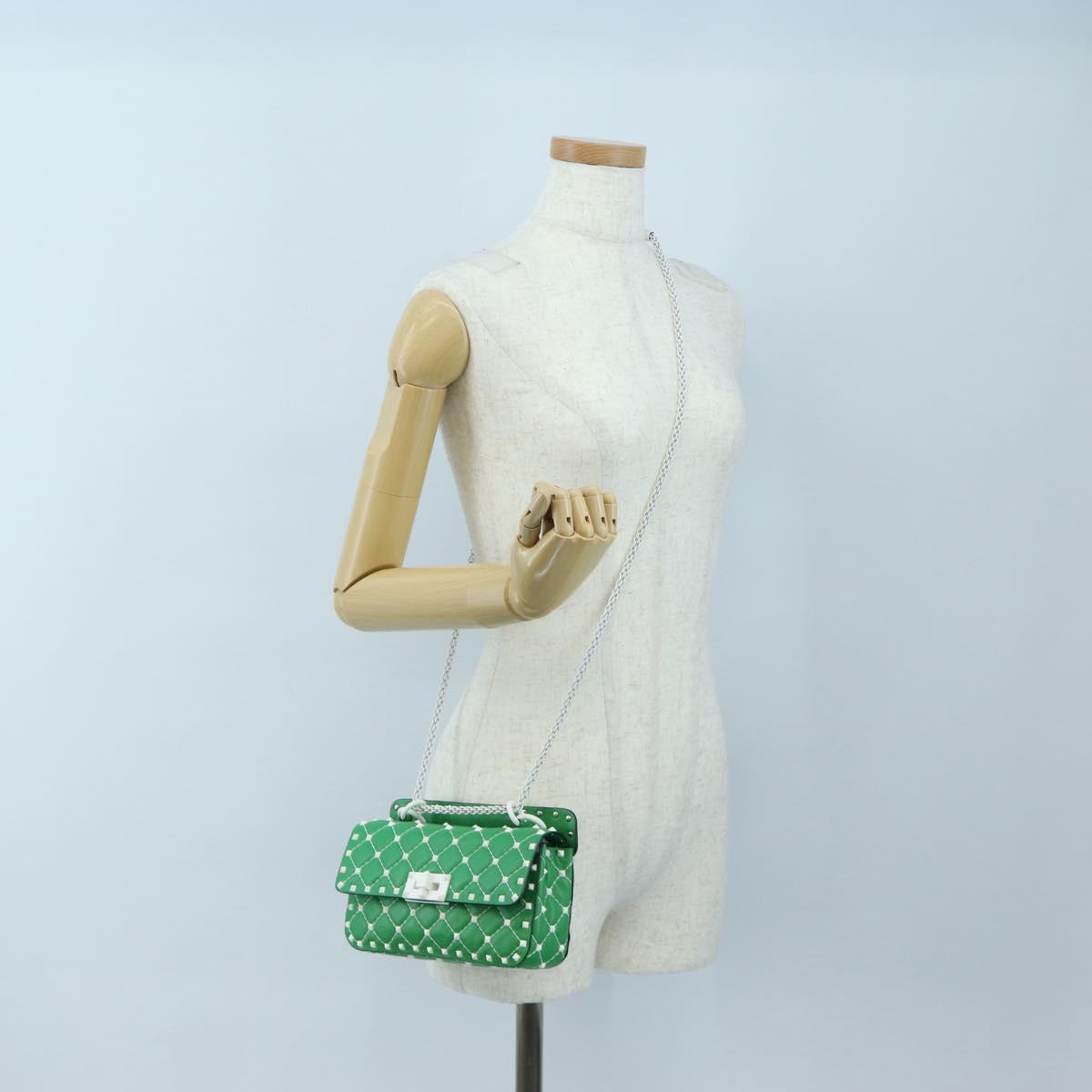 VALENTINO Rockstuds Chain Shoulder Bag Leather Green White Auth 202800V