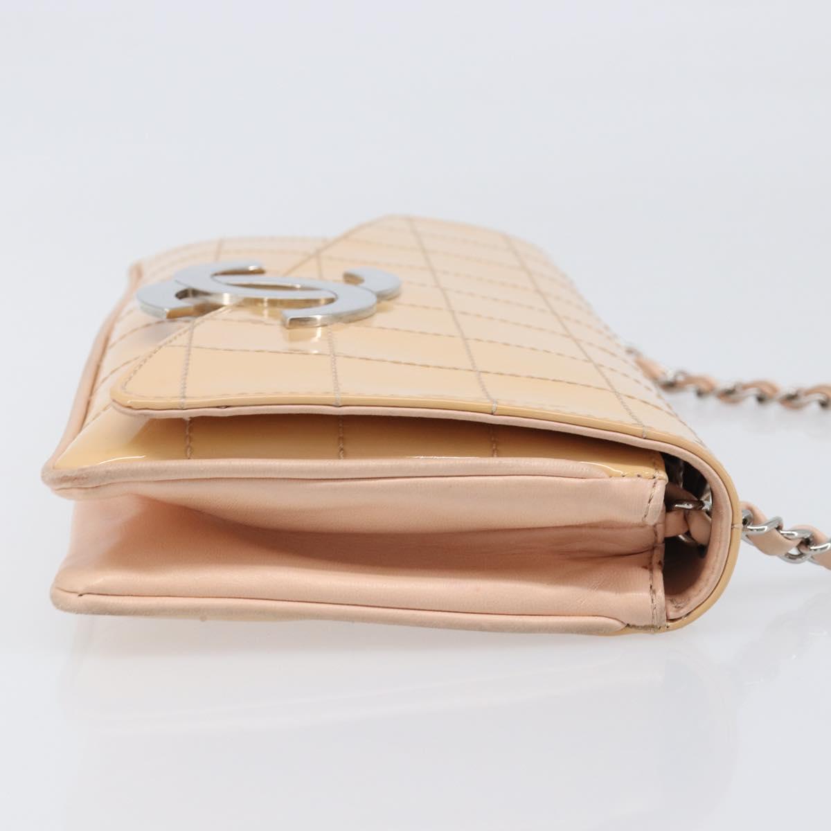 CHANEL Choco Bar Chain Shoulder Bag Patent Pink Silver CC Auth 202807A
