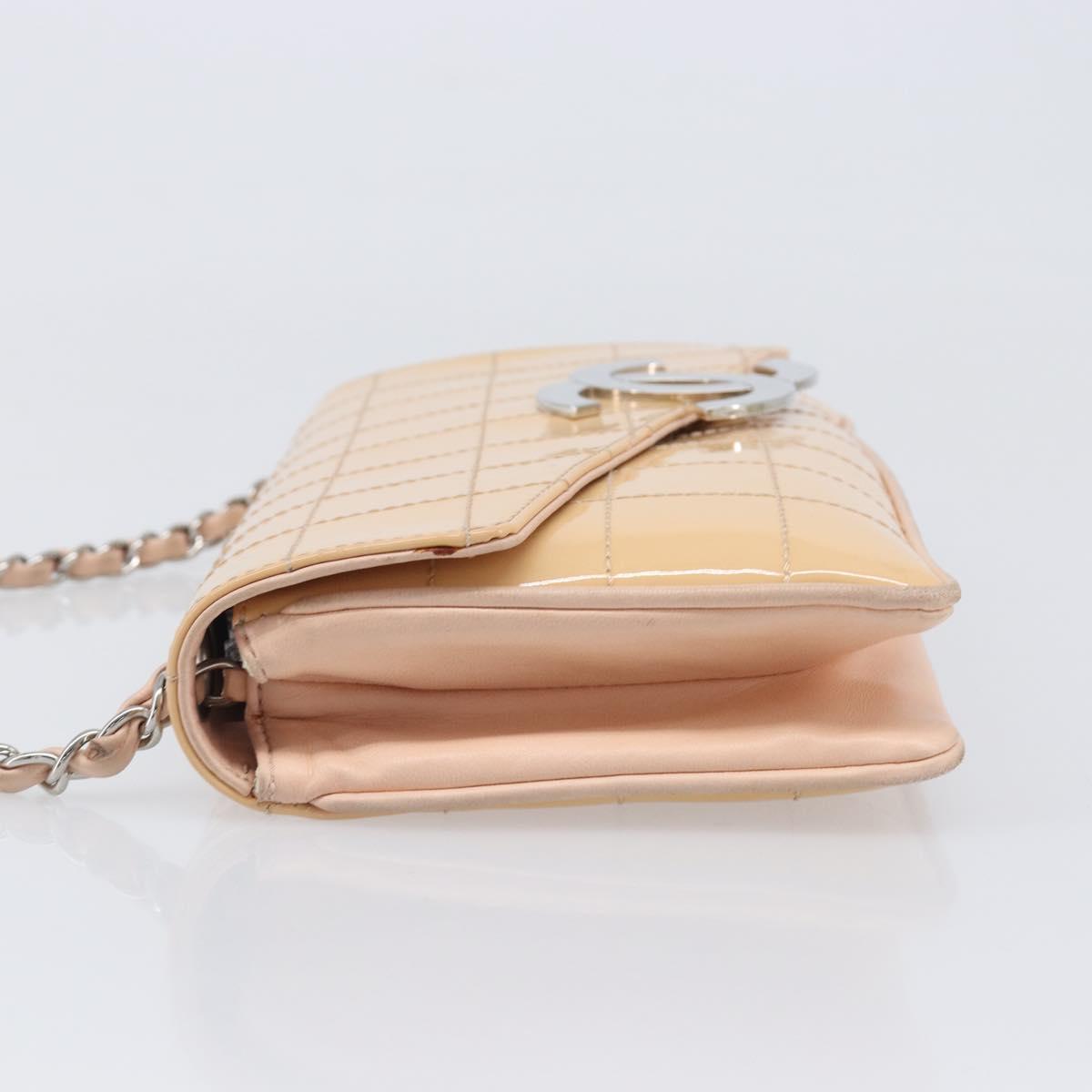 CHANEL Choco Bar Chain Shoulder Bag Patent Pink Silver CC Auth 202807A