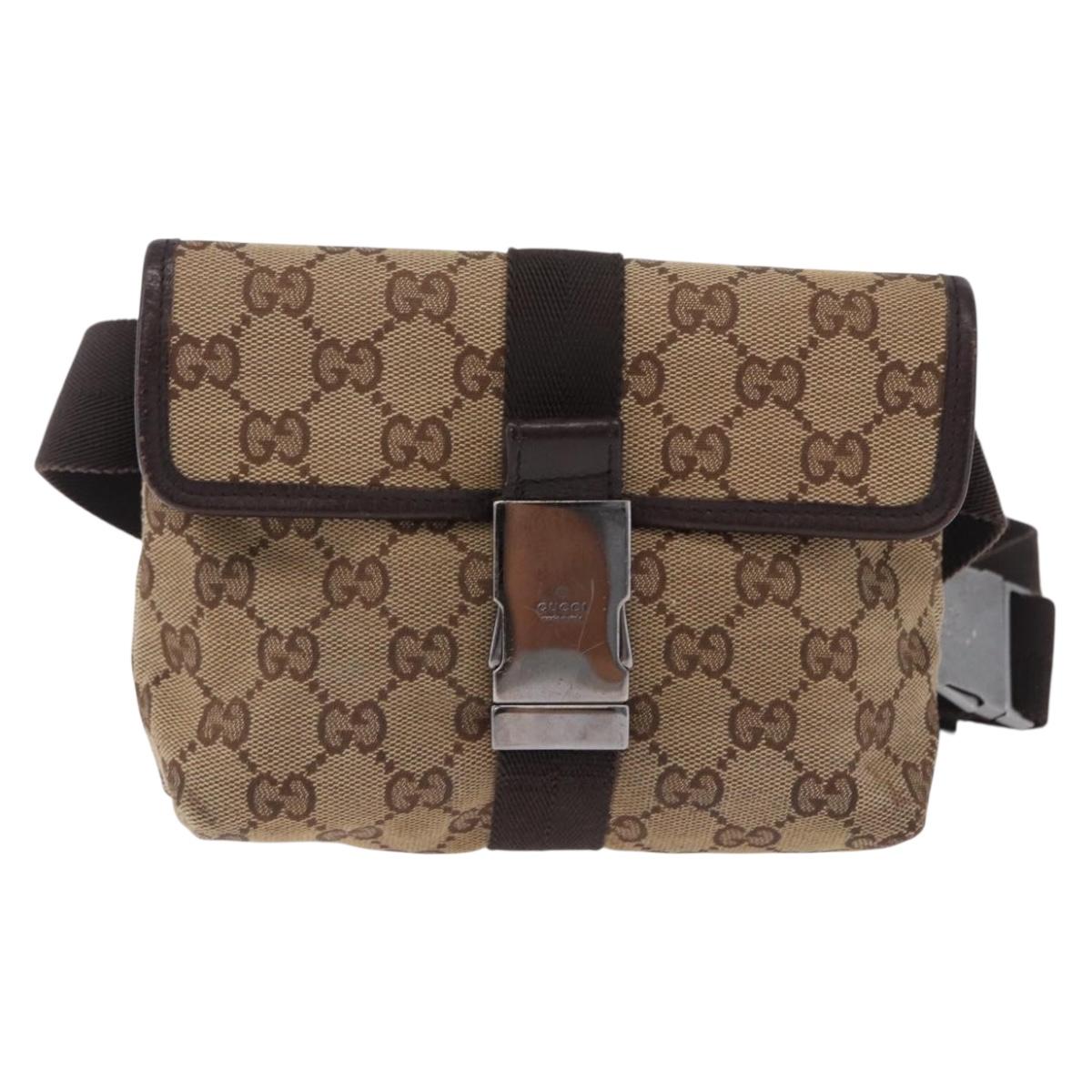 GUCCI GG Canvas Waist Bag Beige Silver 131236 Auth 202852