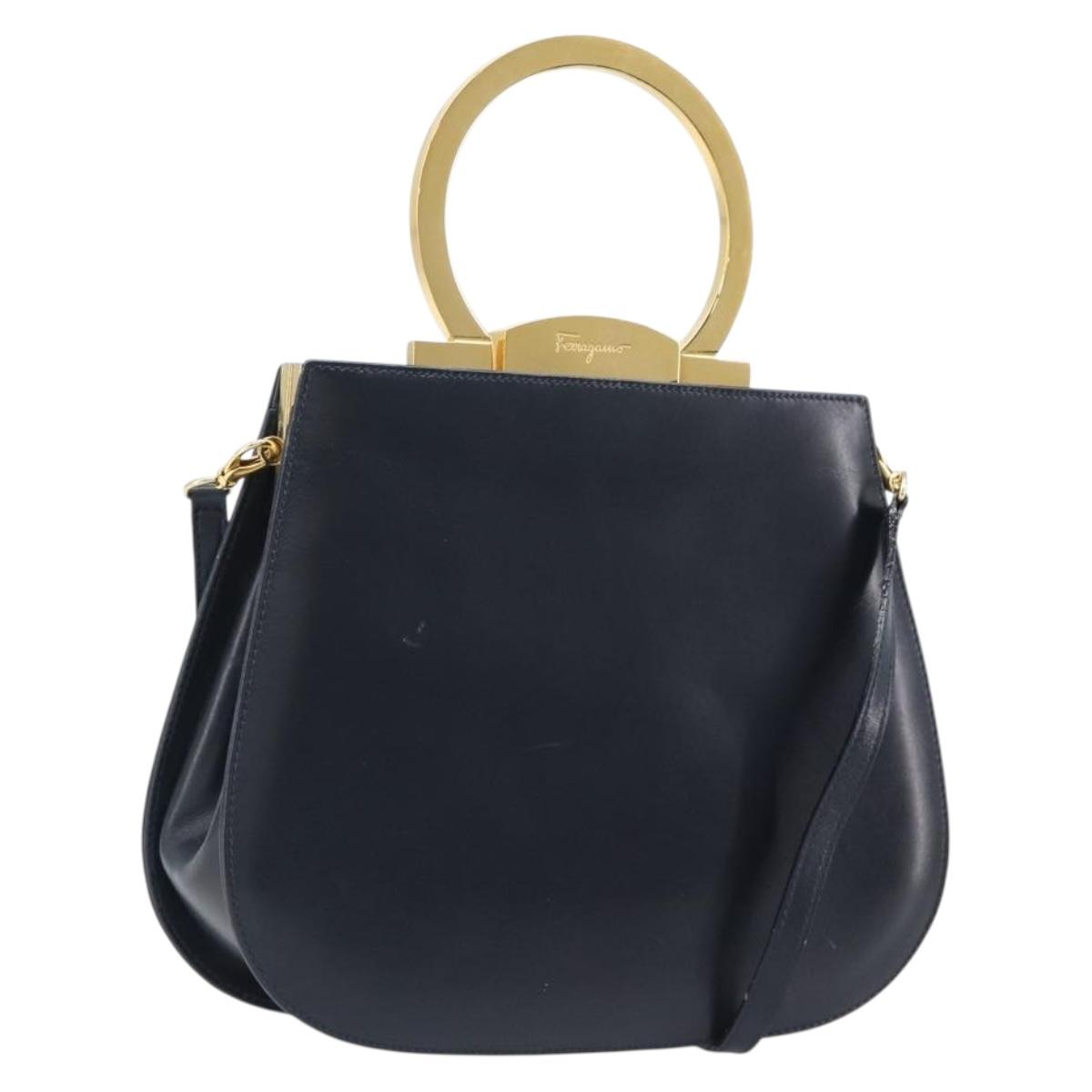 Salvatore Ferragamo Gancini Hand Bag Leather 2way Navy Gold Tone Auth 202857V