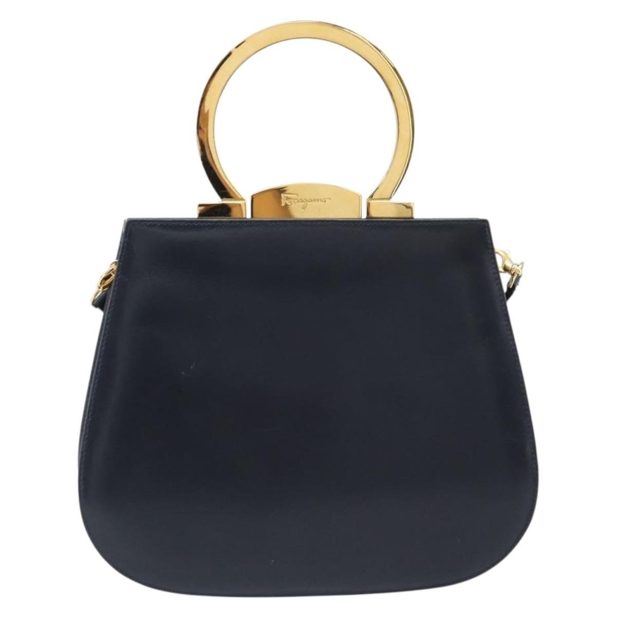 Salvatore Ferragamo Gancini Hand Bag Leather 2way Navy Gold Tone Auth 202857V