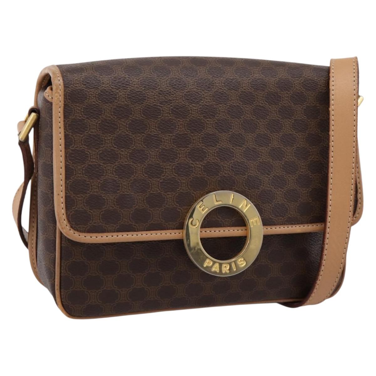 CELINE Macadam Canvas Circle Shoulder Bag PVC Leather Brown Gold Auth 202874A