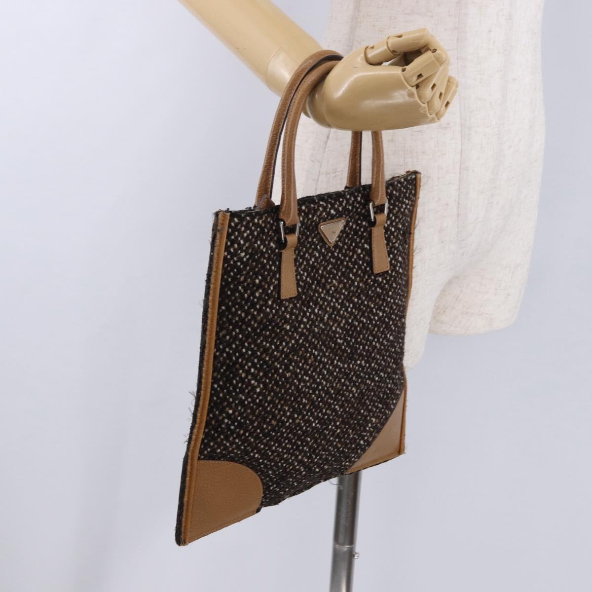 PRADA Hand Bag Tweed Brown Silver Auth 202875A