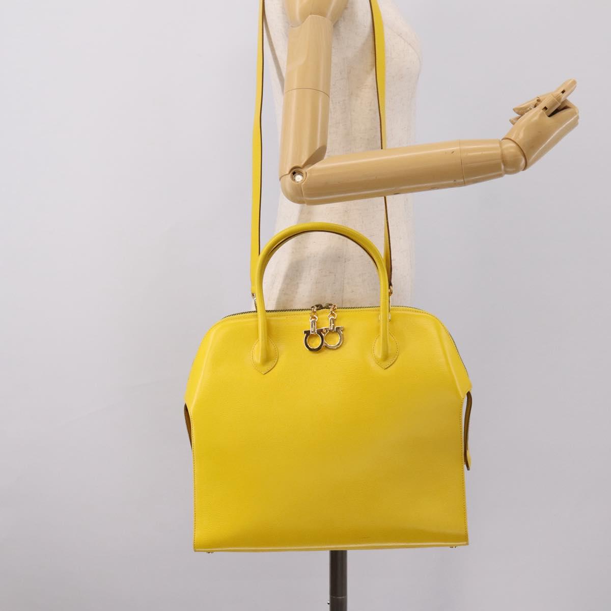 Salvatore Ferragamo Gancini Hand Bag Leather 2way Yellow Gold Auth 202887