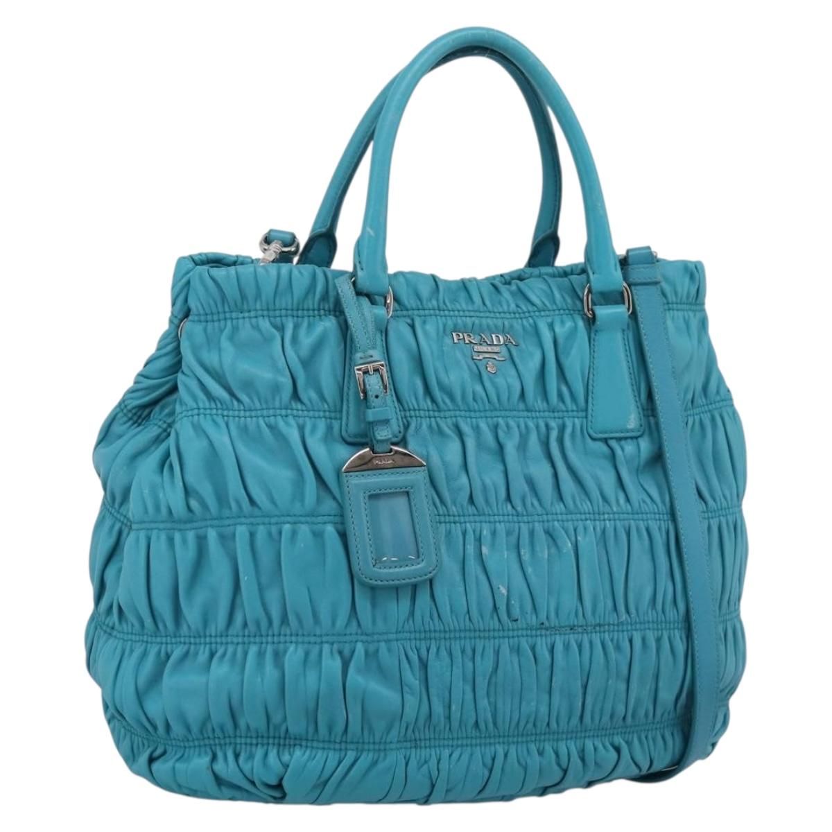 PRADA Matelasse Hand Bag Nylon 2way Turquoise Blue Silver Auth 202888V