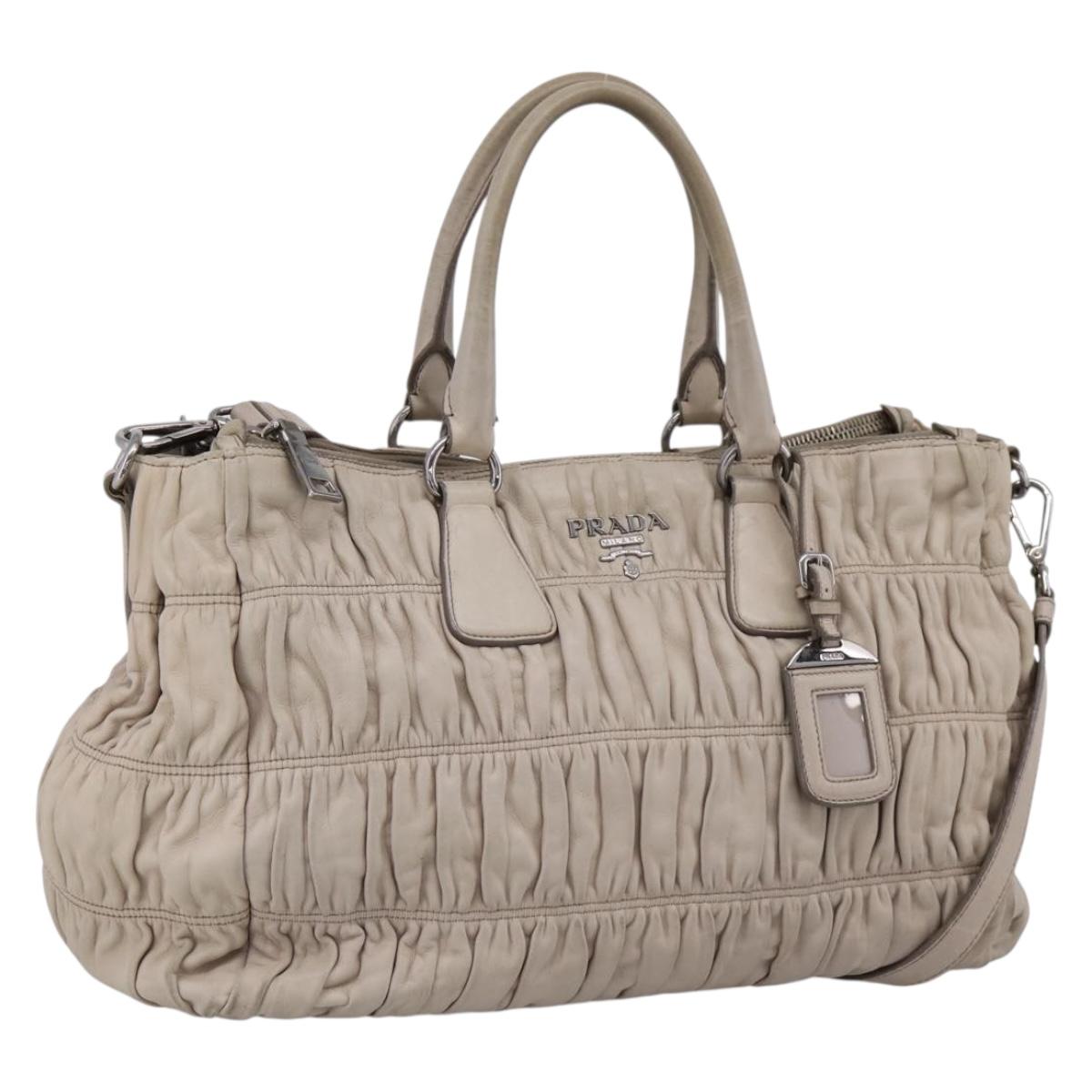 PRADA Gathered Hand Bag Leather 2way Ivory Silver Auth 202895A