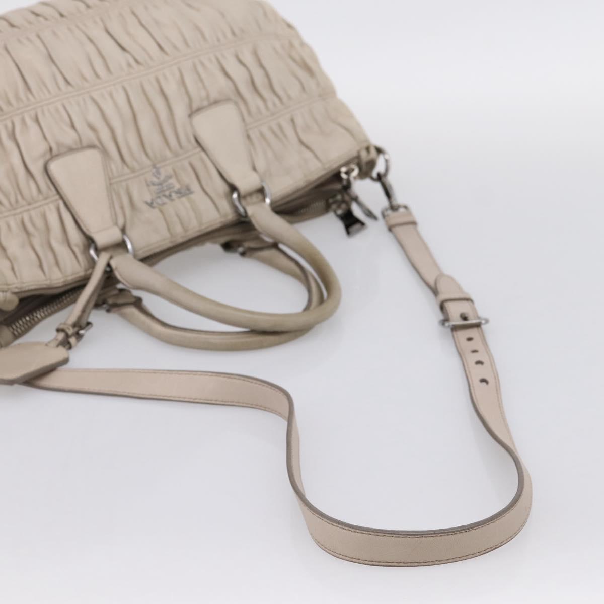 PRADA Gathered Hand Bag Leather 2way Ivory Silver Auth 202895A