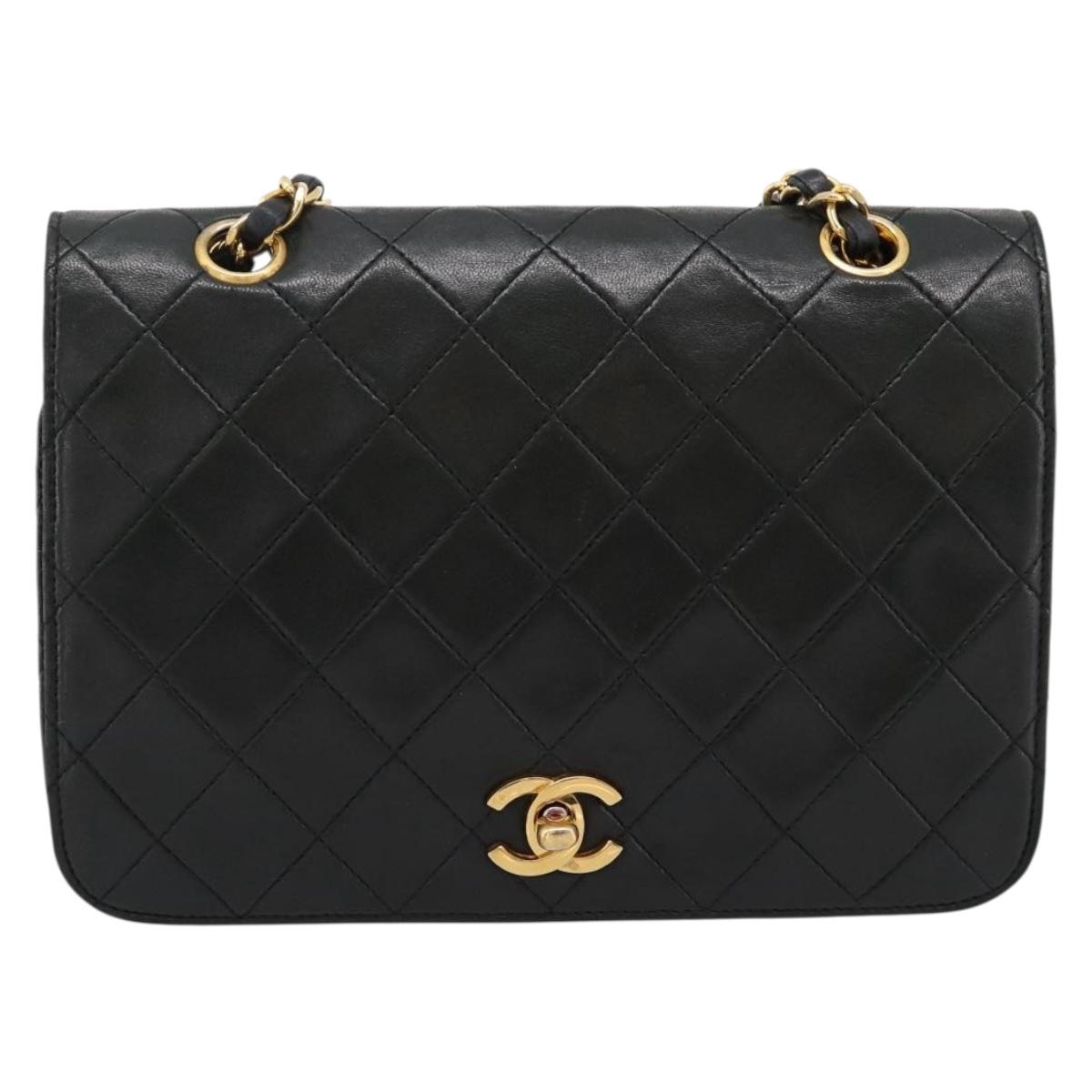 CHANEL Matelasse Chain Shoulder Bag Lamb Skin Black Gold CC Auth 202897V