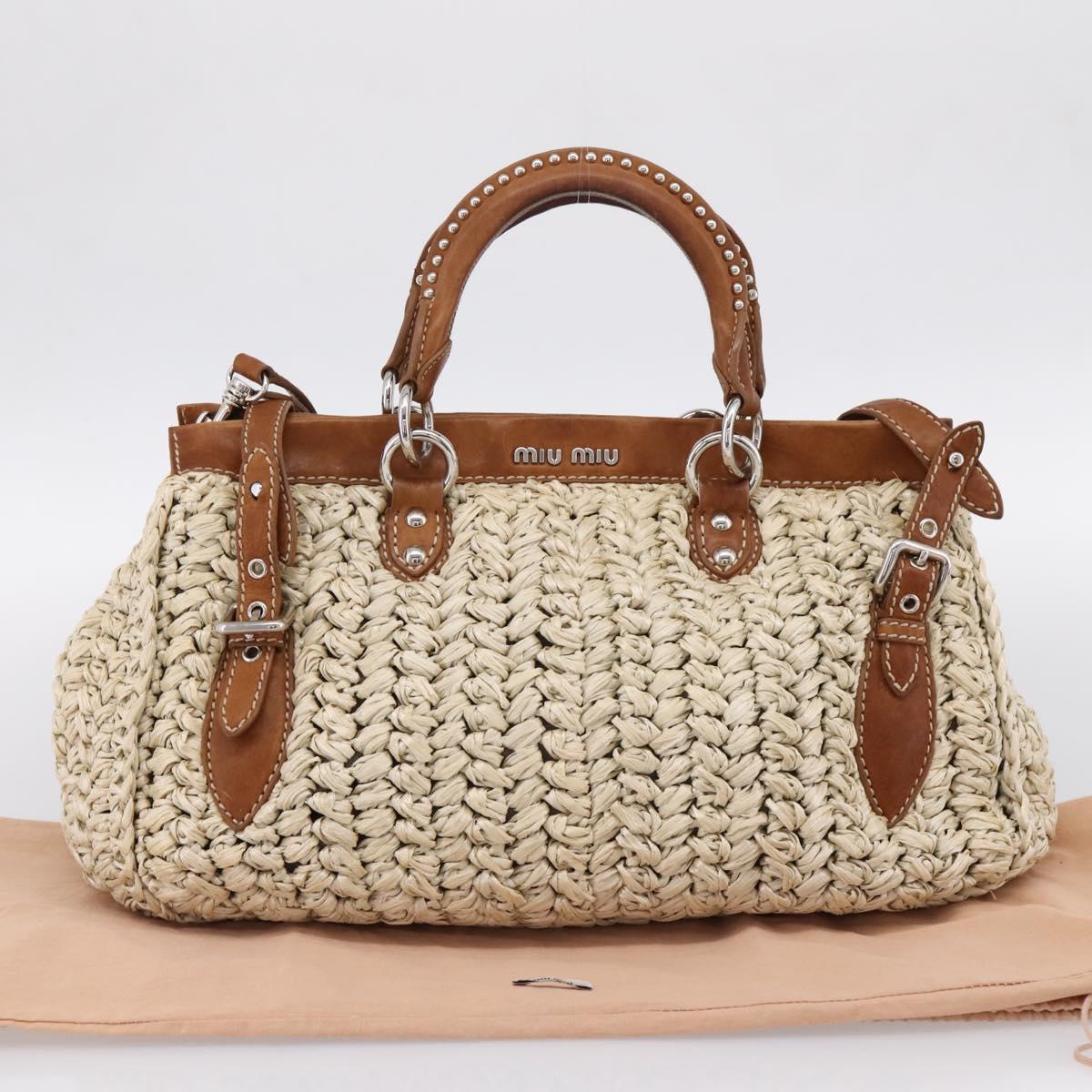 Miu Miu Hand Bag Raffia 2way Beige Silver Auth 202901V