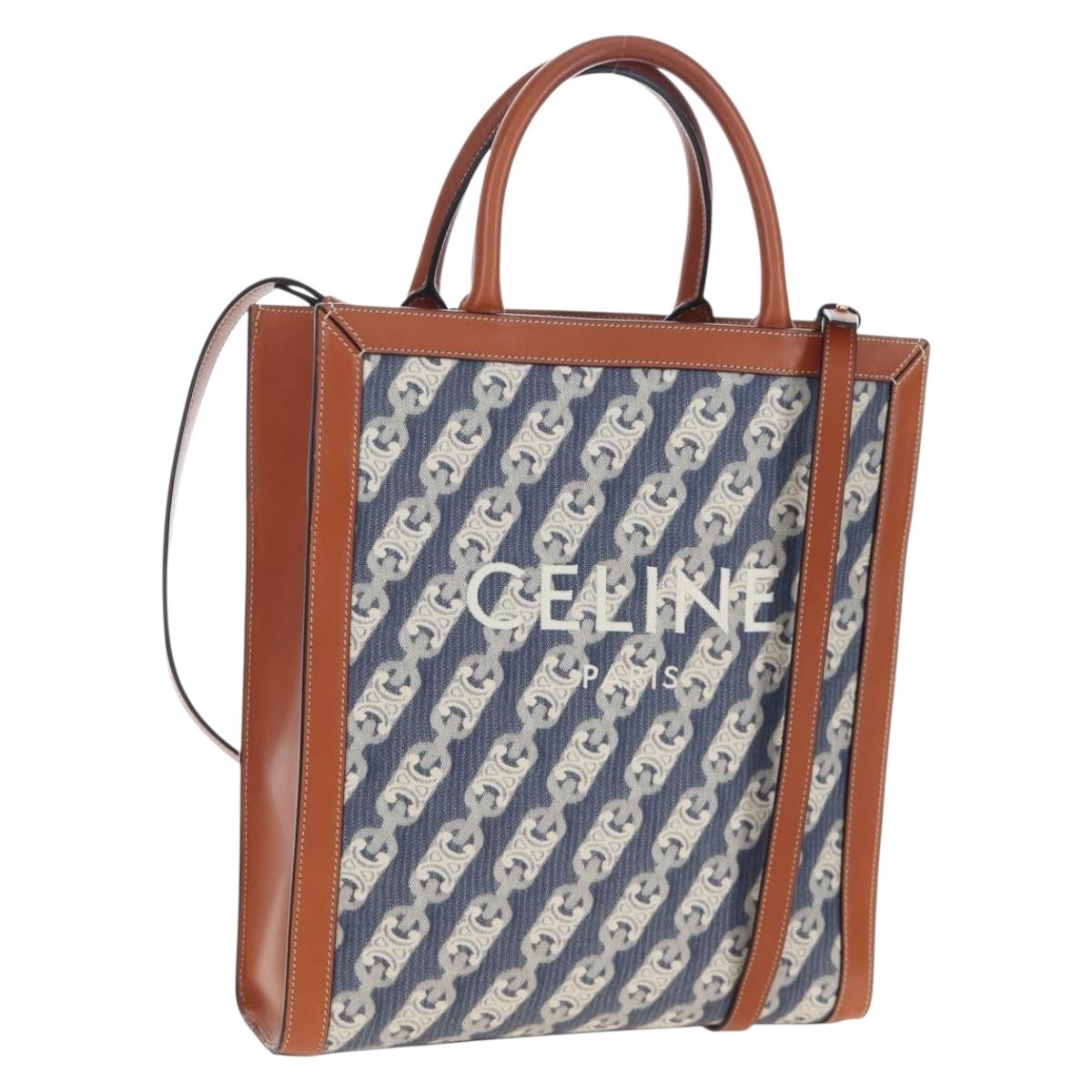 CELINE Macadam Canvas Vertical Cabas Small Hand Bag Navy Gold Auth 202902M