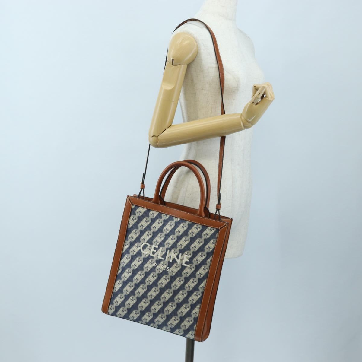 CELINE Macadam Canvas Vertical Cabas Small Hand Bag Navy Gold Auth 202902M