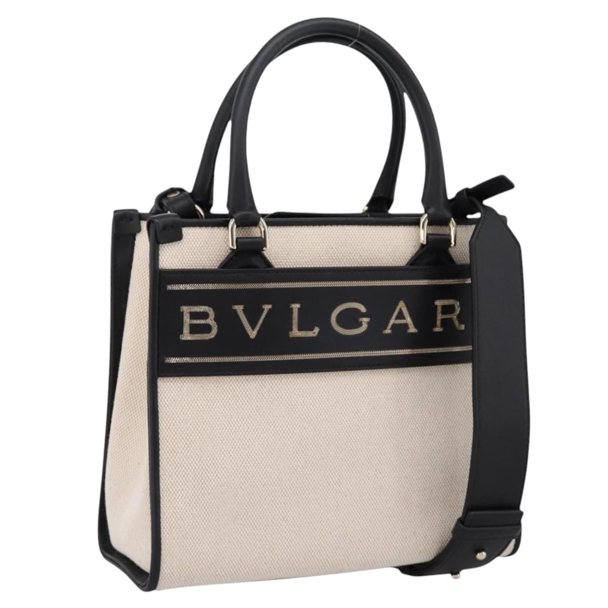 BVLGARI Hand Bag Canvas 2way Beige Gold Auth 202907M