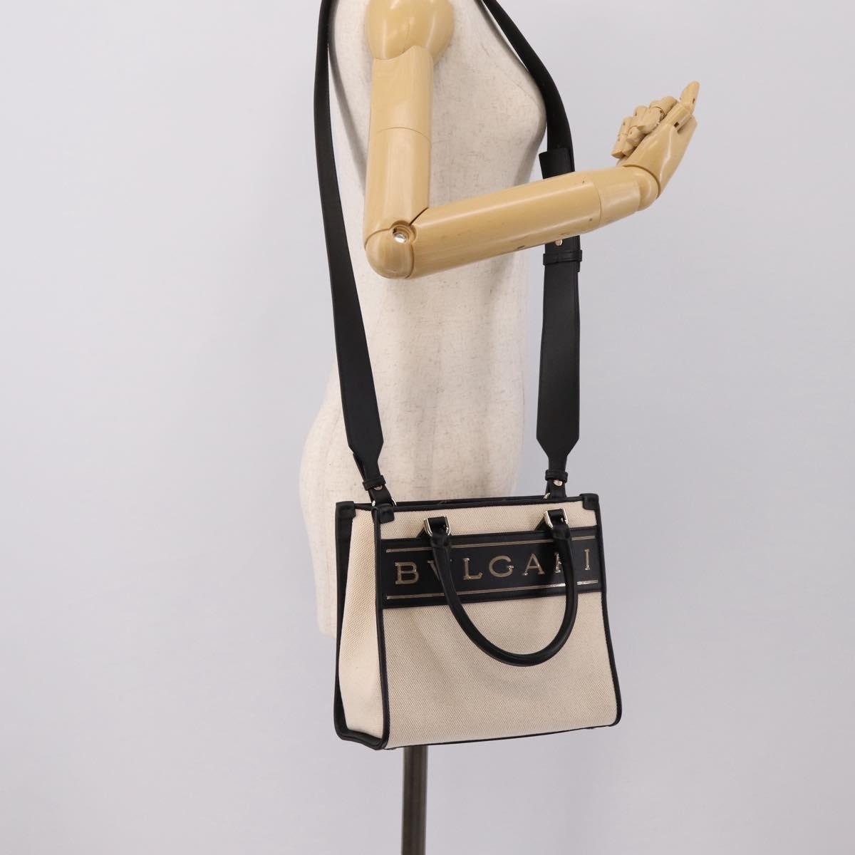 BVLGARI Hand Bag Canvas 2way Beige Gold Auth 202907M