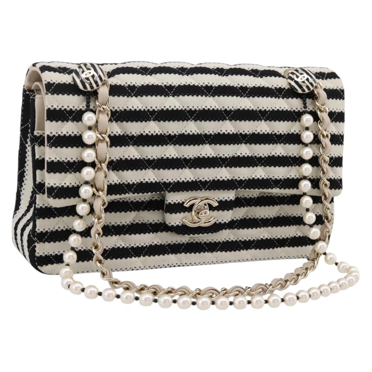 CHANEL Chain Matelasse 25 Bag Cotton Jersey Black White gold CC Auth 202910SM