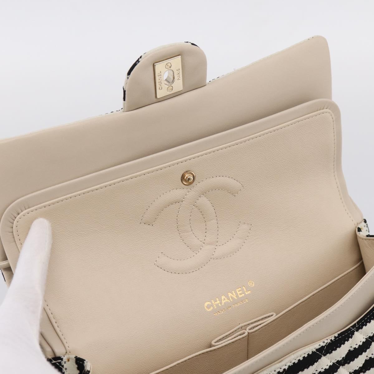CHANEL Chain Matelasse 25 Bag Cotton Jersey Black White gold CC Auth 202910SM