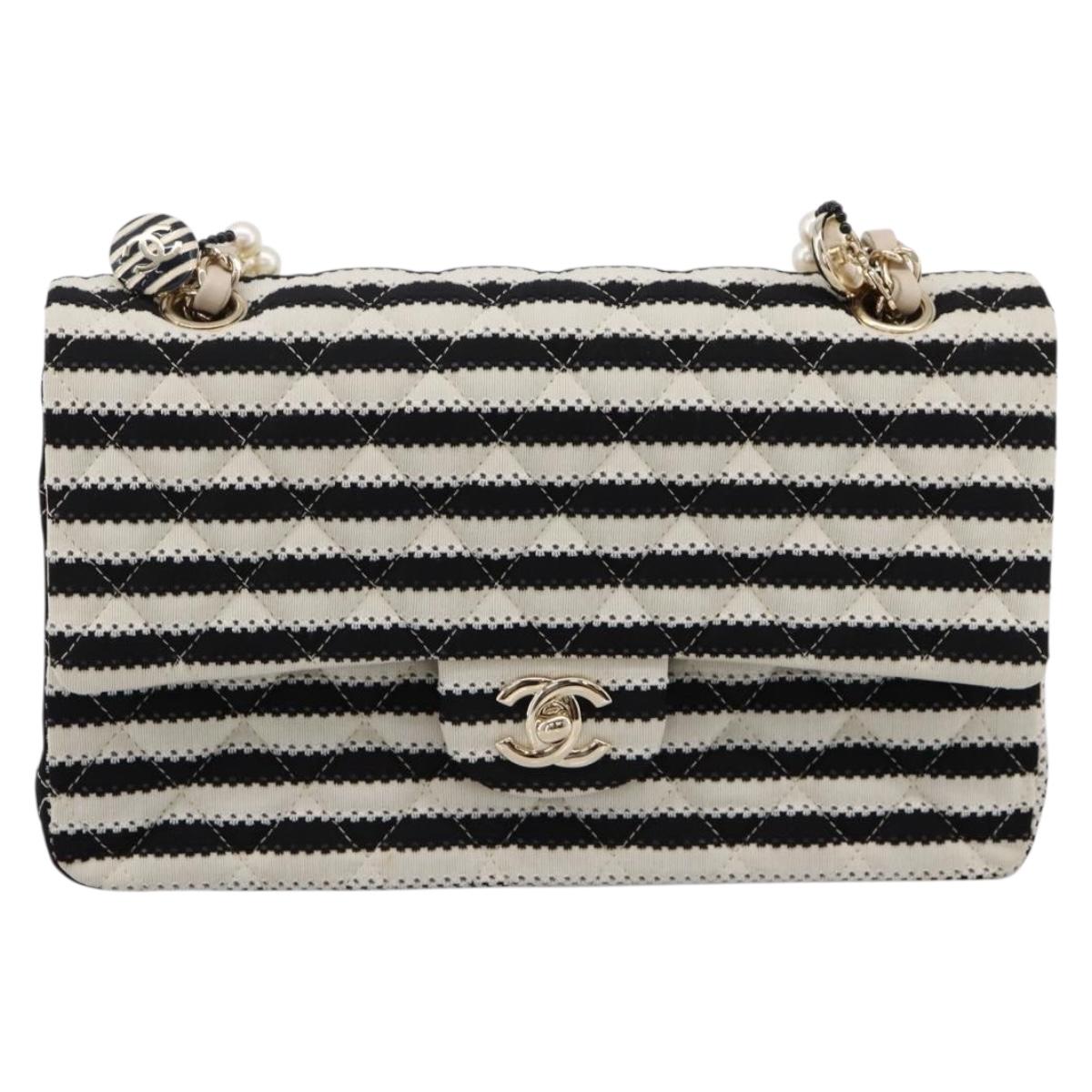 CHANEL Chain Matelasse 25 Bag Cotton Jersey Black White gold CC Auth 202910SM