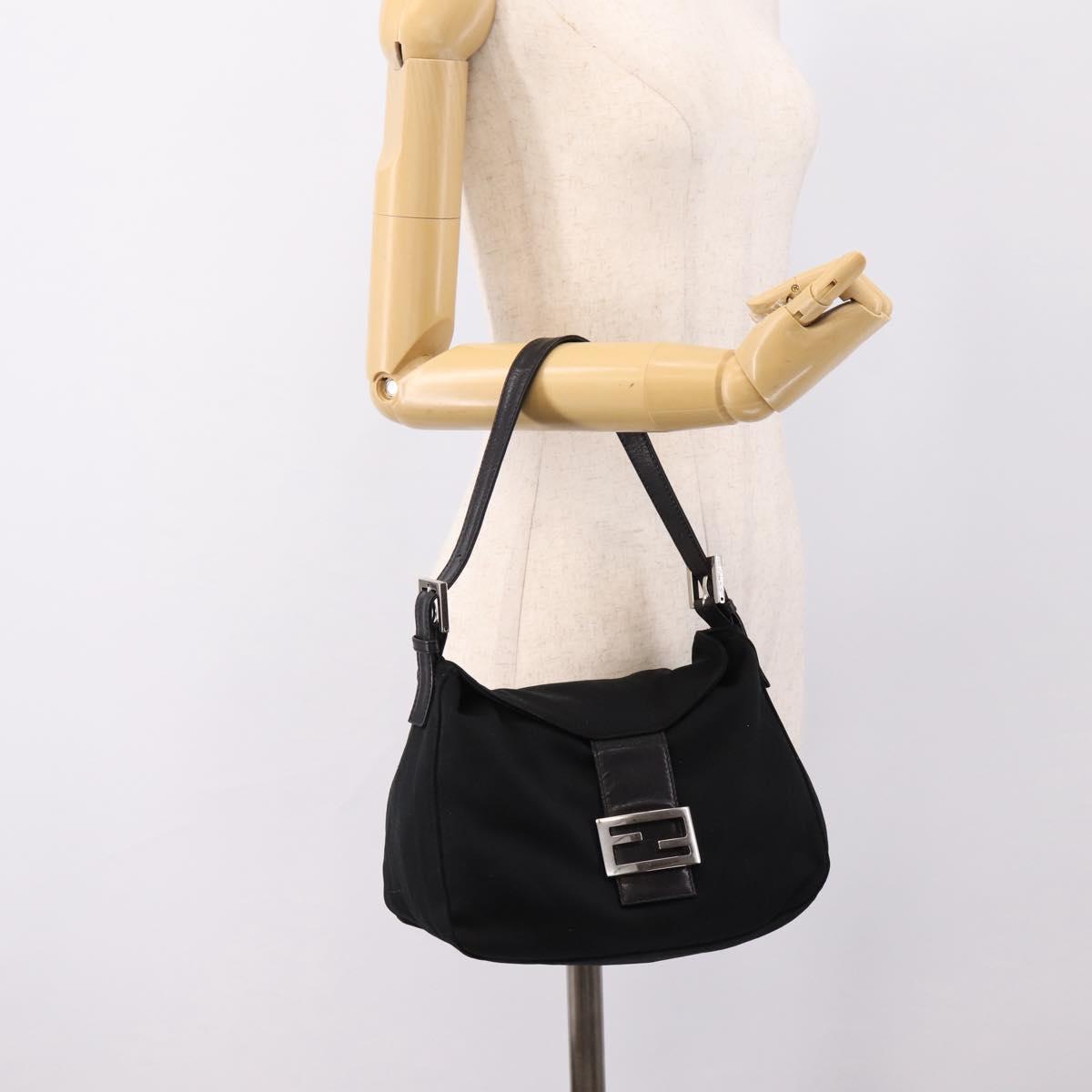 FENDI Mamma Baguette Shoulder Bag Cotton jersey Black Silver Auth 202920