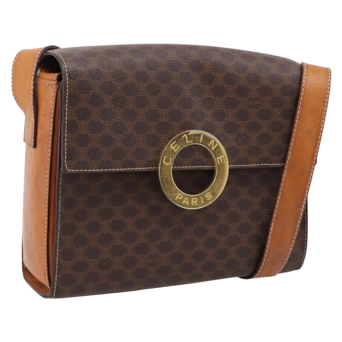 CELINE Macadam Canvas Circle Shoulder Bag PVC Leather Brown Gold Auth 202926