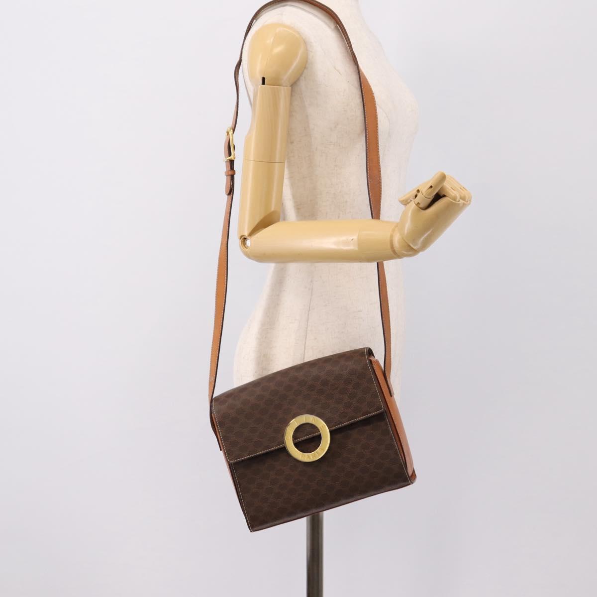 CELINE Macadam Canvas Circle Shoulder Bag PVC Leather Brown Gold Auth 202926