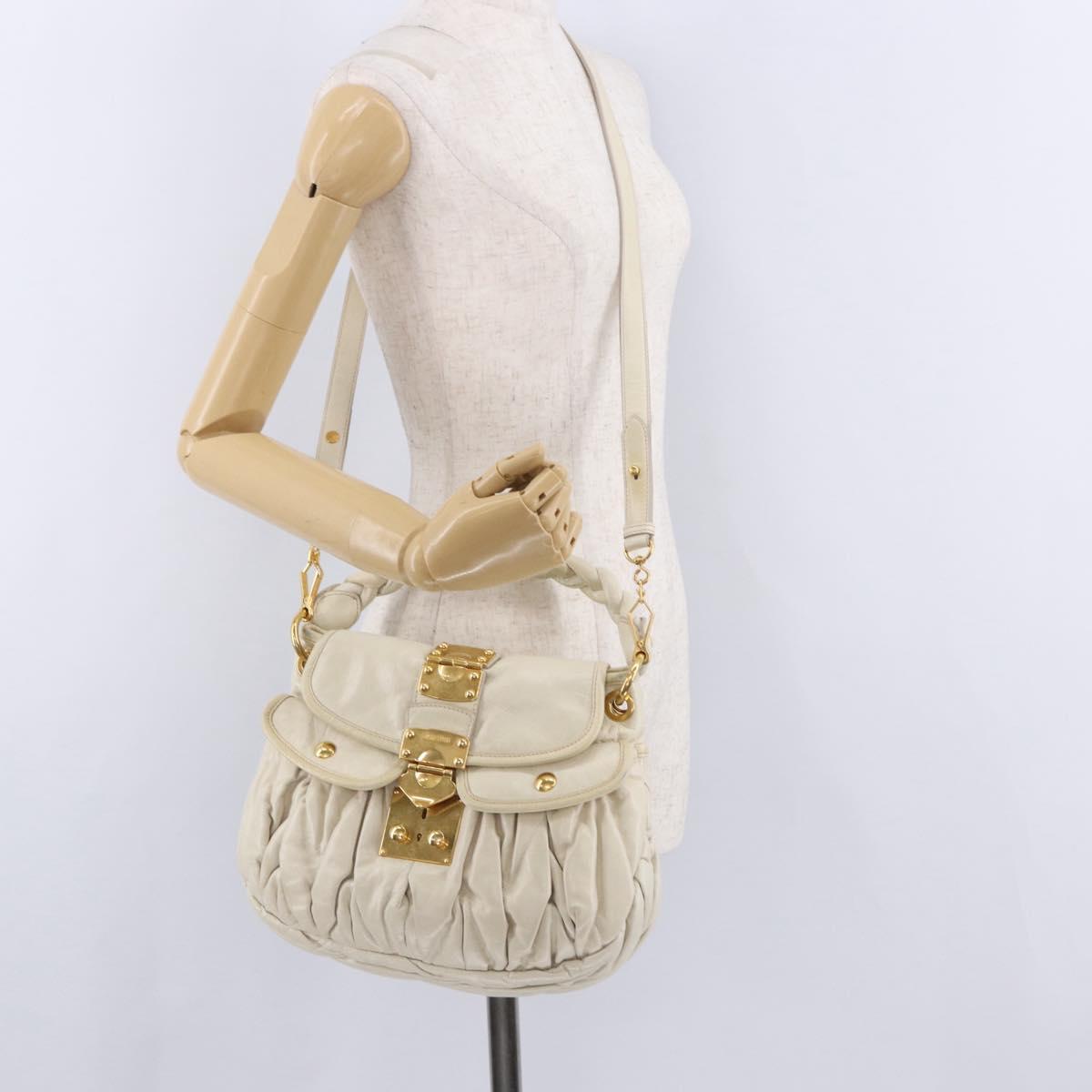 Miu Miu Matelasse Shoulder Bag Leather 2way White Gold Auth 202953V