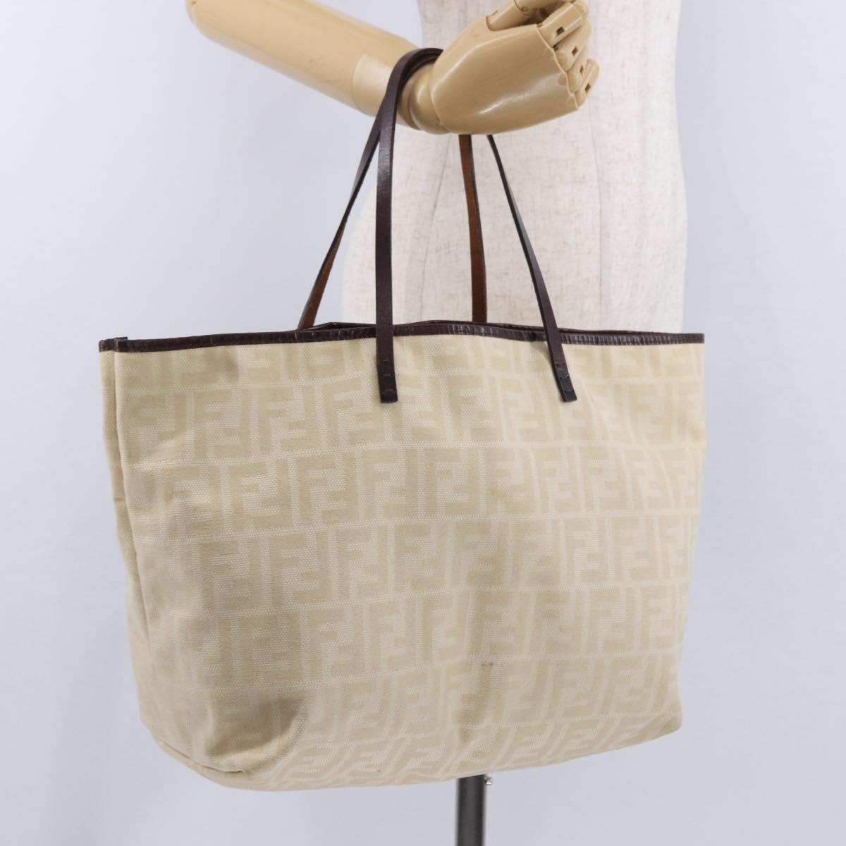 FENDI Zucca Canvas Tote Bag Ivory Silver Auth 202955
