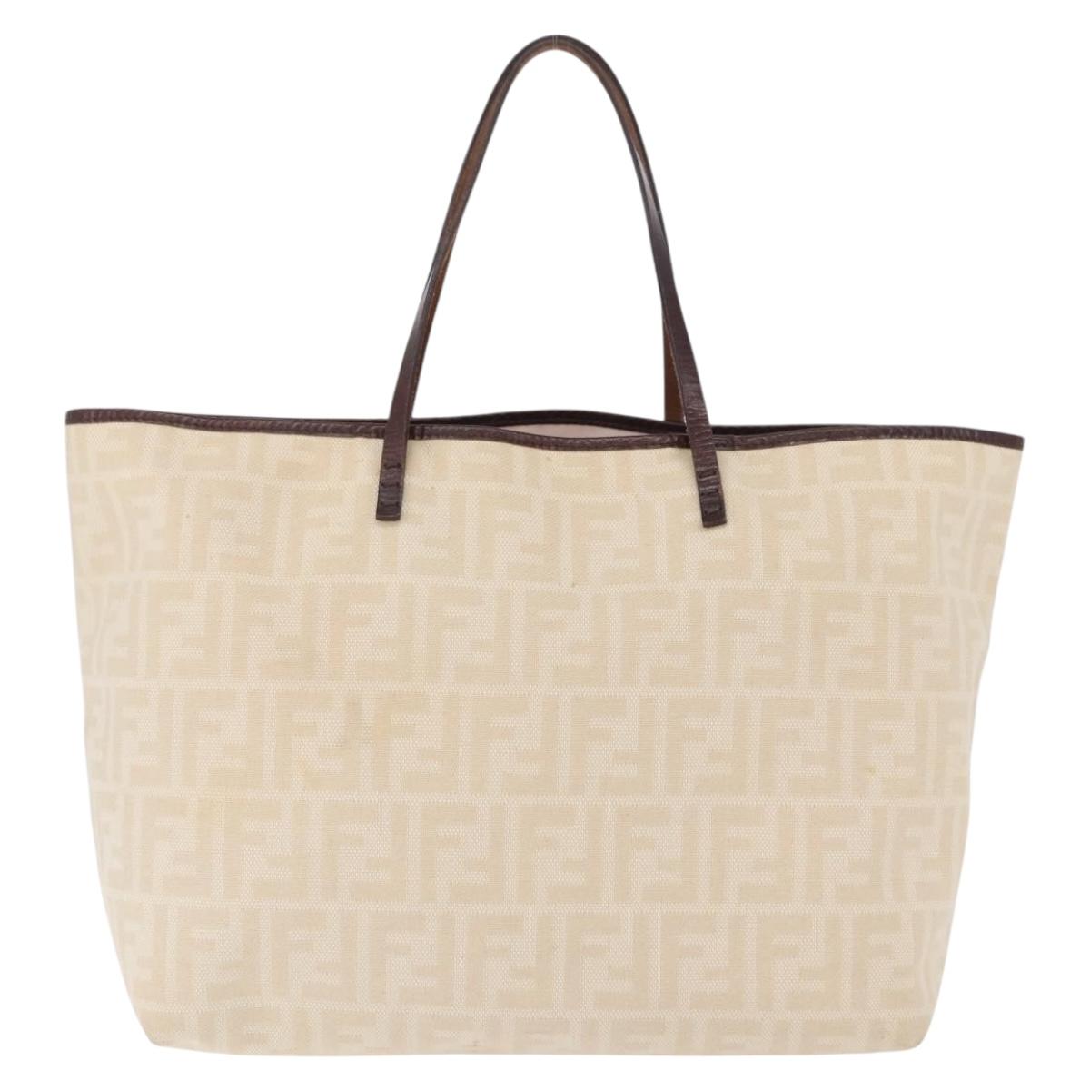 FENDI Zucca Canvas Tote Bag Ivory Silver Auth 202955