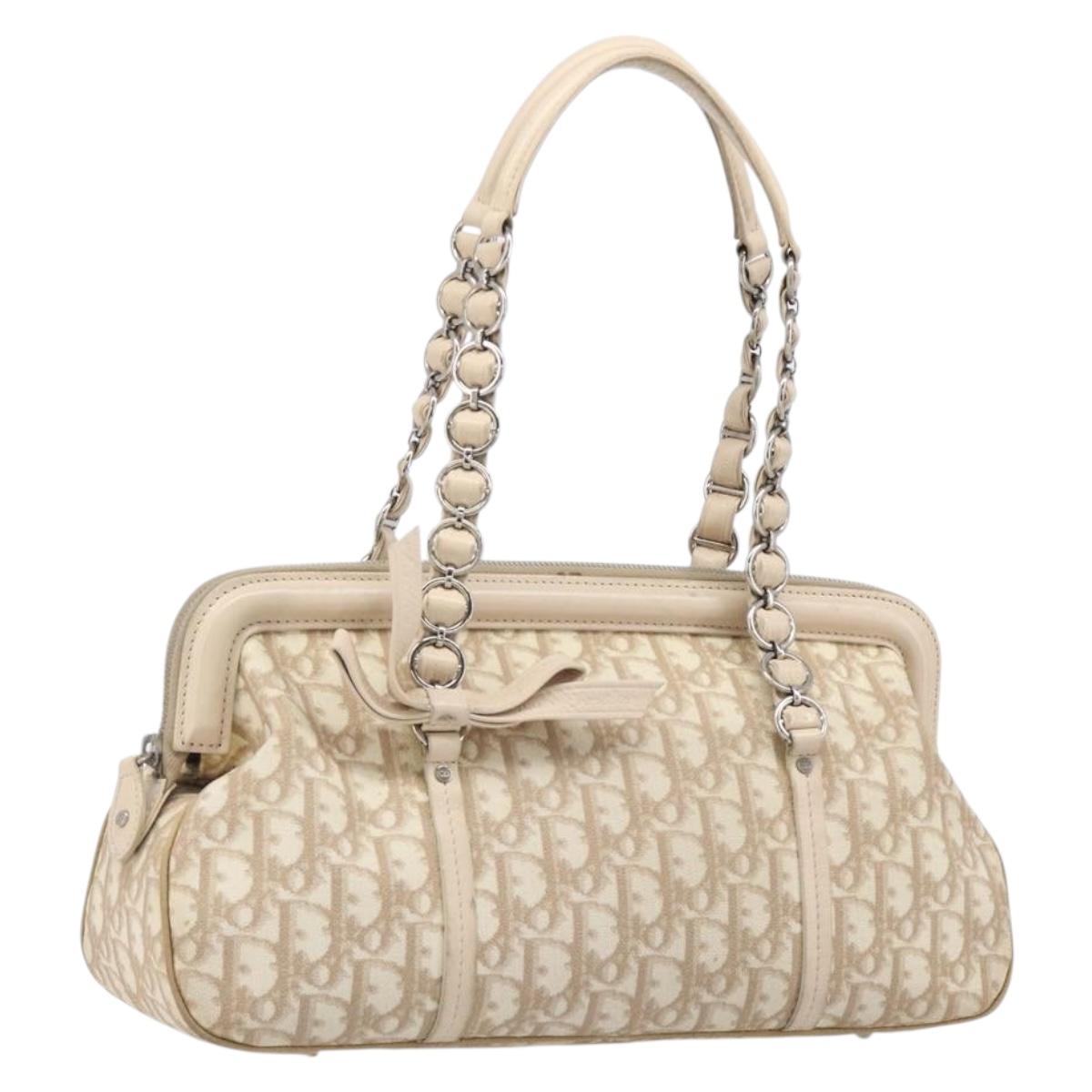 Christian Dior Trotter Canvas Romantic Hand Bag PVC Beige Silver Auth 202956