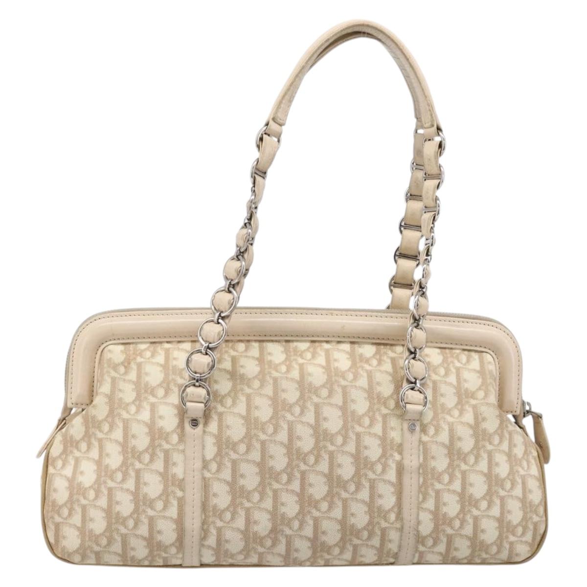 Christian Dior Trotter Canvas Romantic Hand Bag PVC Beige Silver Auth 202956
