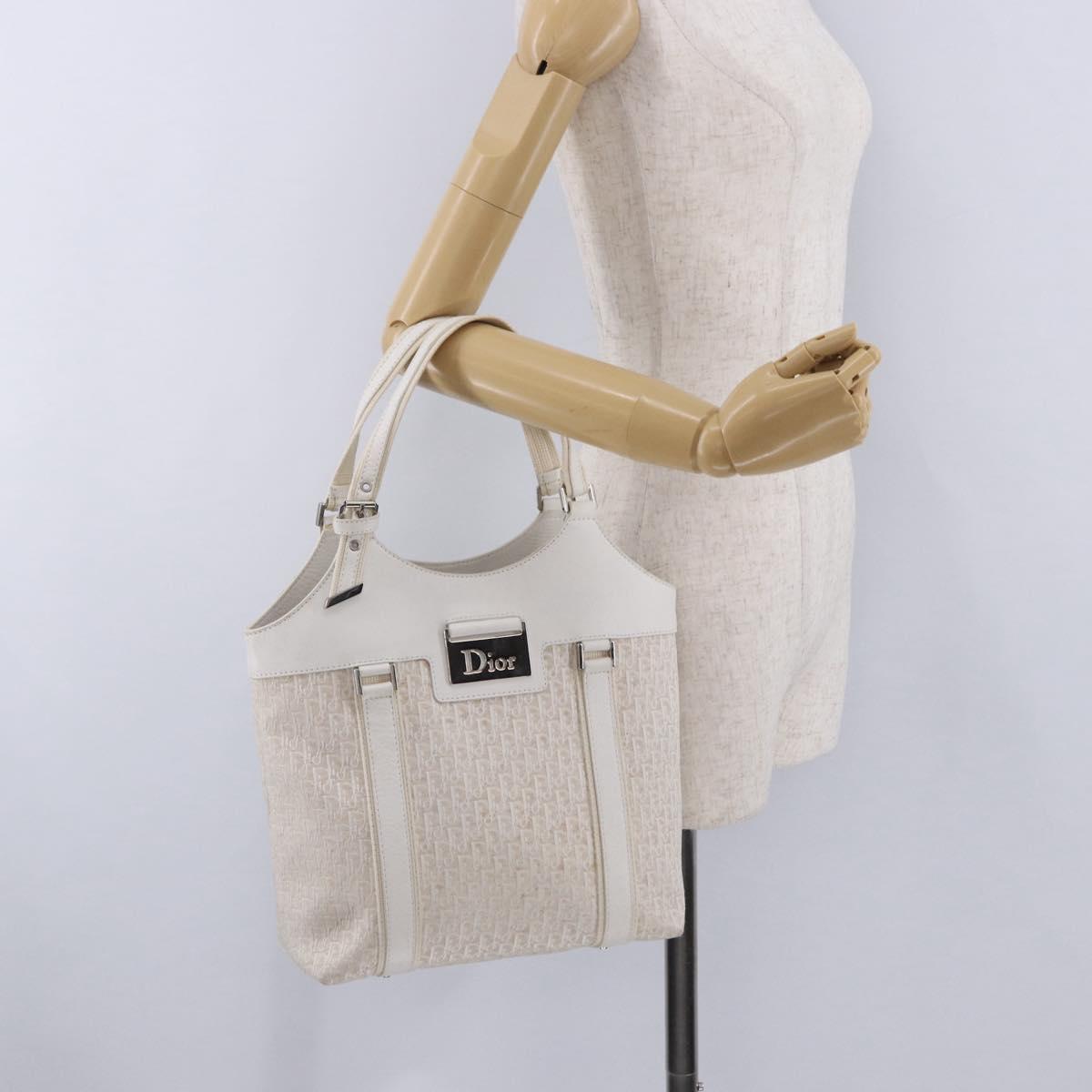 Christian Dior Trotter Canvas Hand Bag White Silver Auth 202957A